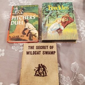 3 Vintage Books ,Freckles, Wildcat Swamp, and Pitchers Duel Hardy Boys